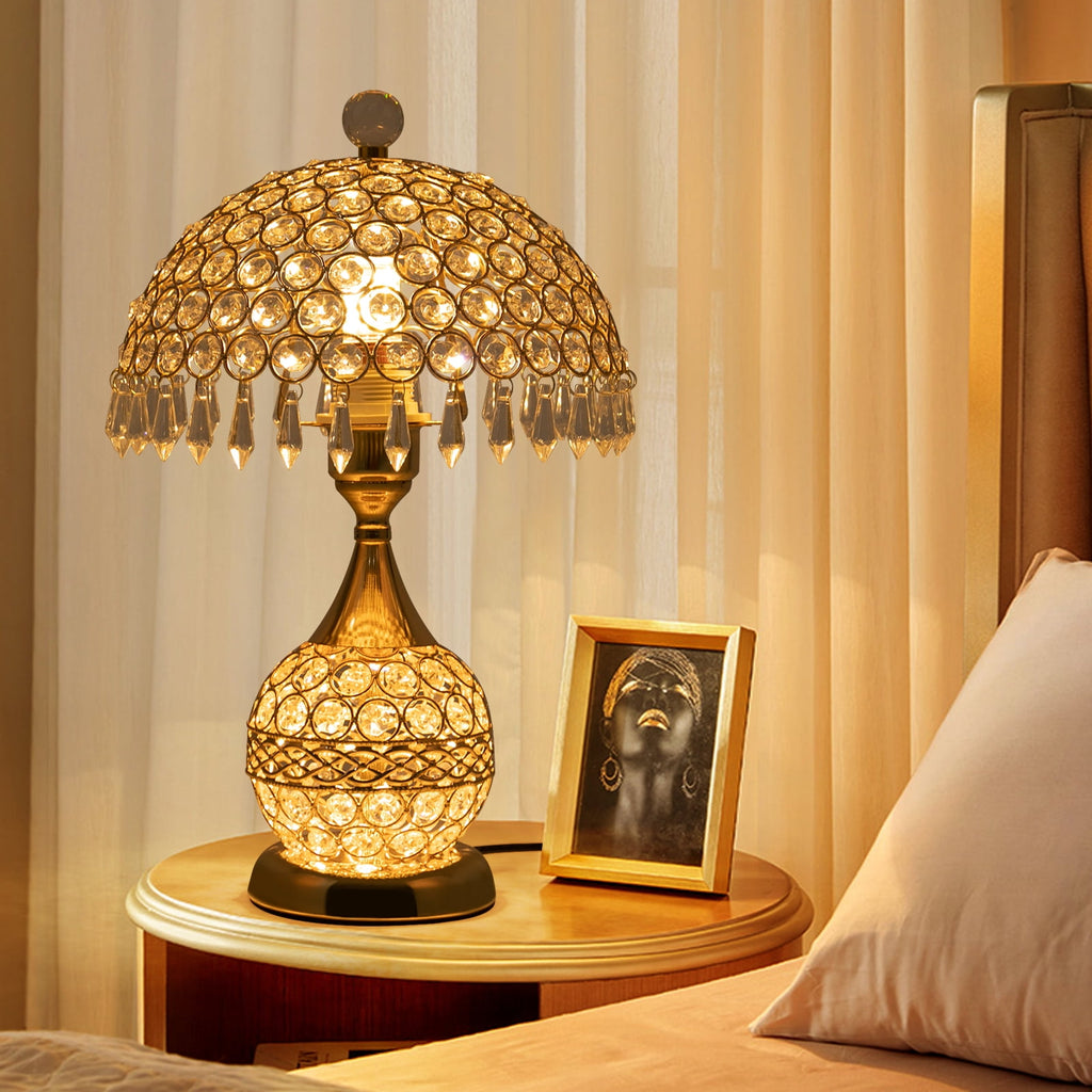 Deluxe Room Bedside Light, Vintage Crystal Table Lamp Nightstand Desk Light for Bedroom Living Room Gold