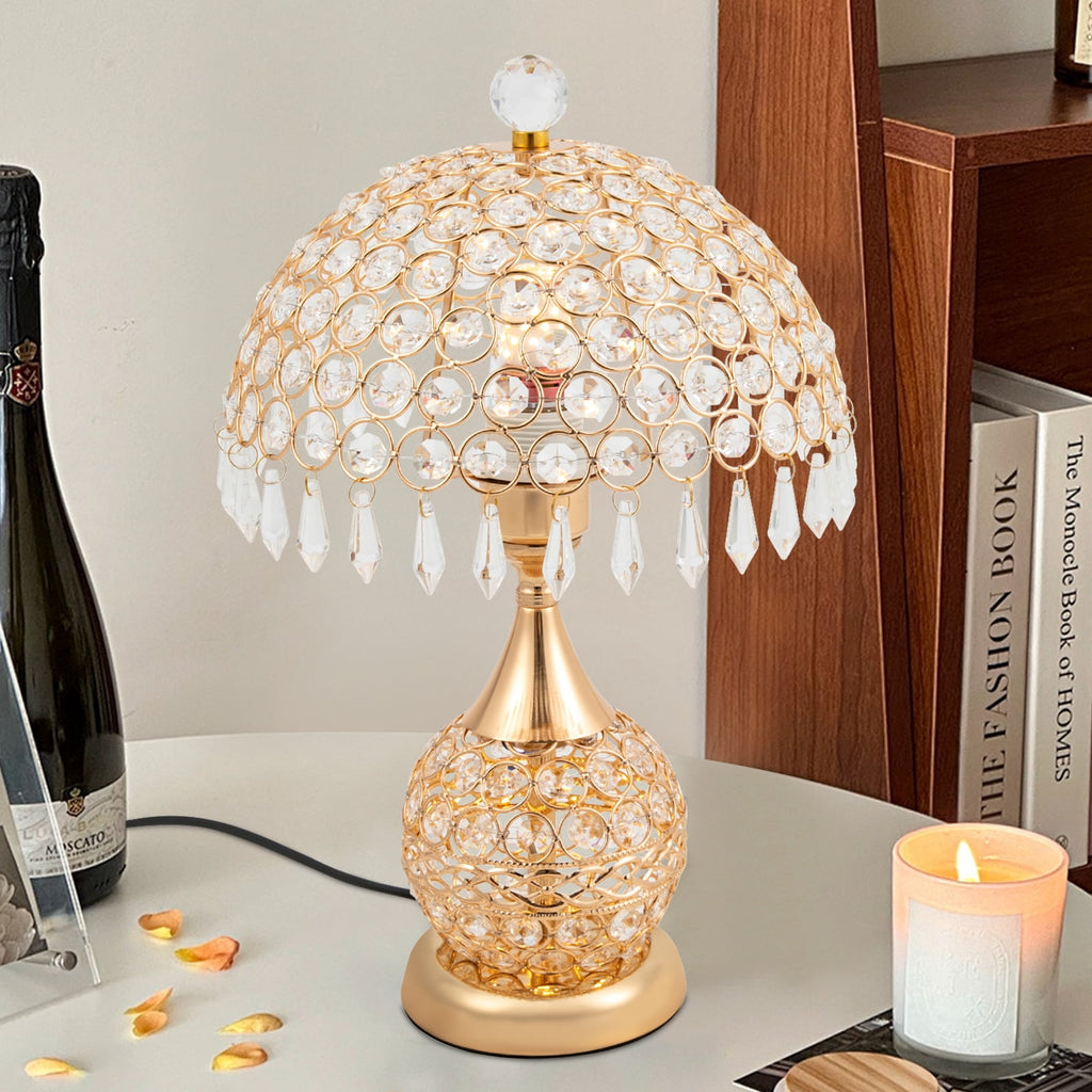 Deluxe Room Bedside Light, Vintage Crystal Table Lamp Nightstand Desk Light for Bedroom Living Room Gold