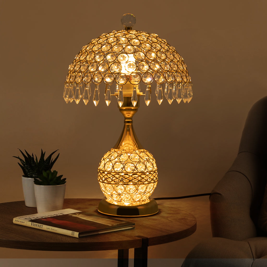 Deluxe Room Bedside Light, Vintage Crystal Table Lamp Nightstand Desk Light for Bedroom Living Room Gold