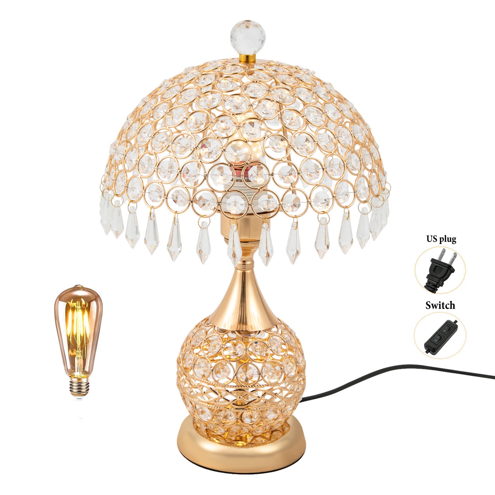 Deluxe Room Bedside Light, Vintage Crystal Table Lamp Nightstand Desk Light for Bedroom Living Room Gold