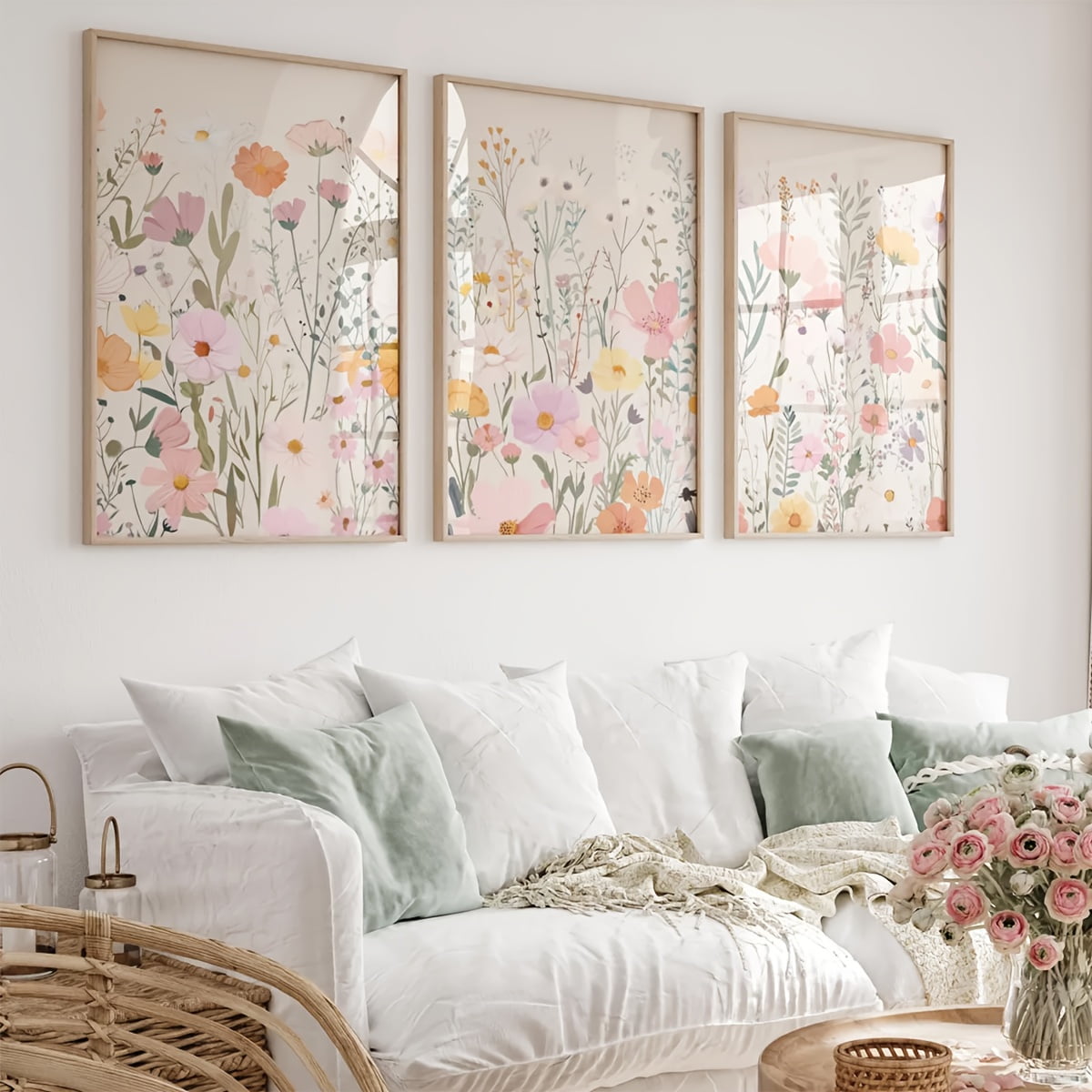 3pcs Bohemian Floral Canvas Wall Art Set - Vibrant Wildflower Print, Frameless, Modern Home Decor for Living Room, Bedroom, or Dining Area, Indoor/Outdoor Use, Perfect for Fall &amp; Summer, Indoor Wall