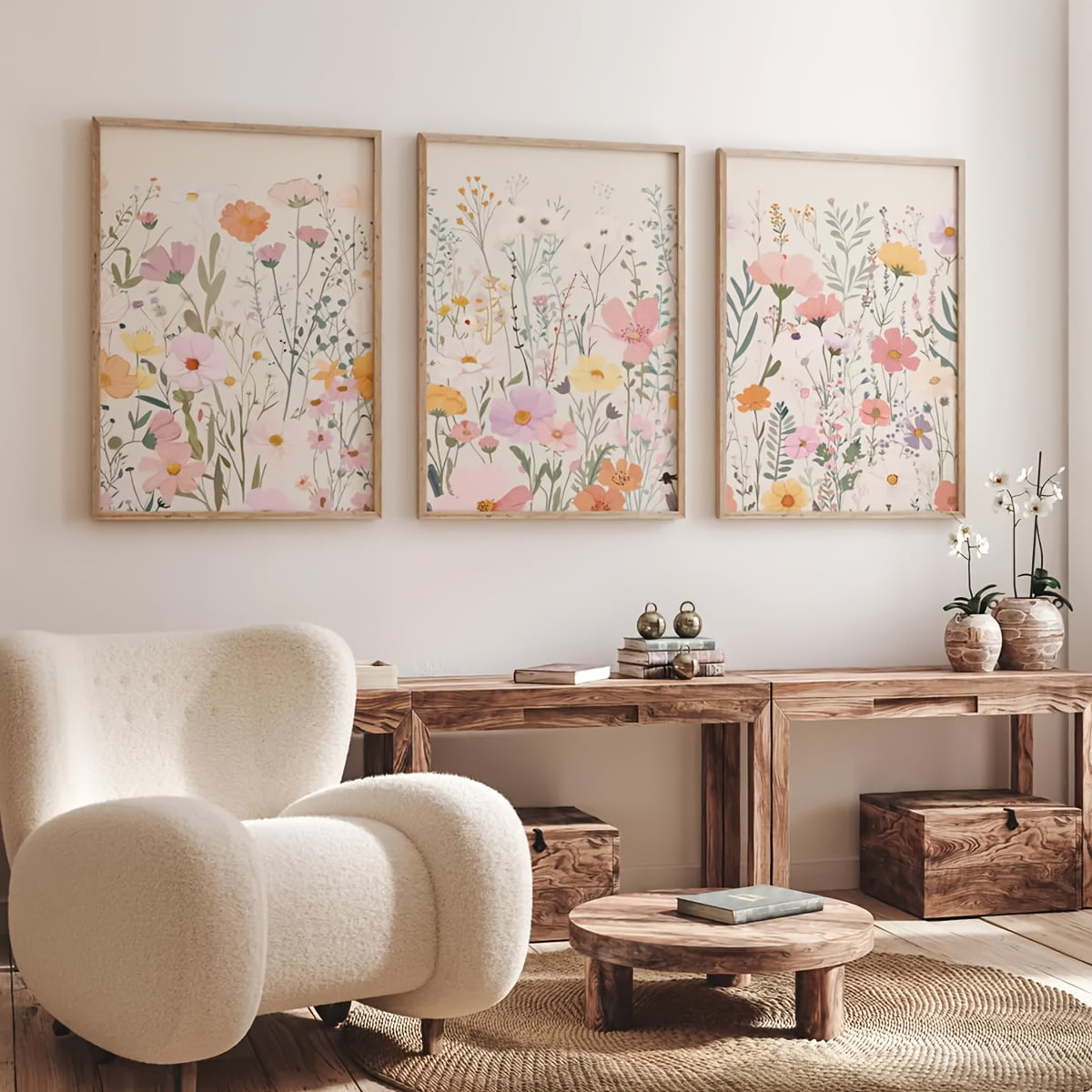 3pcs Bohemian Floral Canvas Wall Art Set - Vibrant Wildflower Print, Frameless, Modern Home Decor for Living Room, Bedroom, or Dining Area, Indoor/Outdoor Use, Perfect for Fall &amp; Summer, Indoor Wall