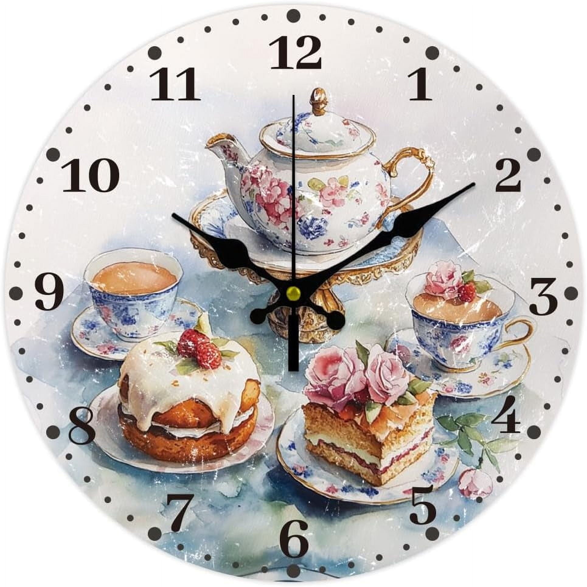 12 Inch Wall Clock Afternoon Tea Wall Clock Battery Powered Non-Tick Cake Decoration Kitchen Clock for Living Room Bedroom Home Decor Office