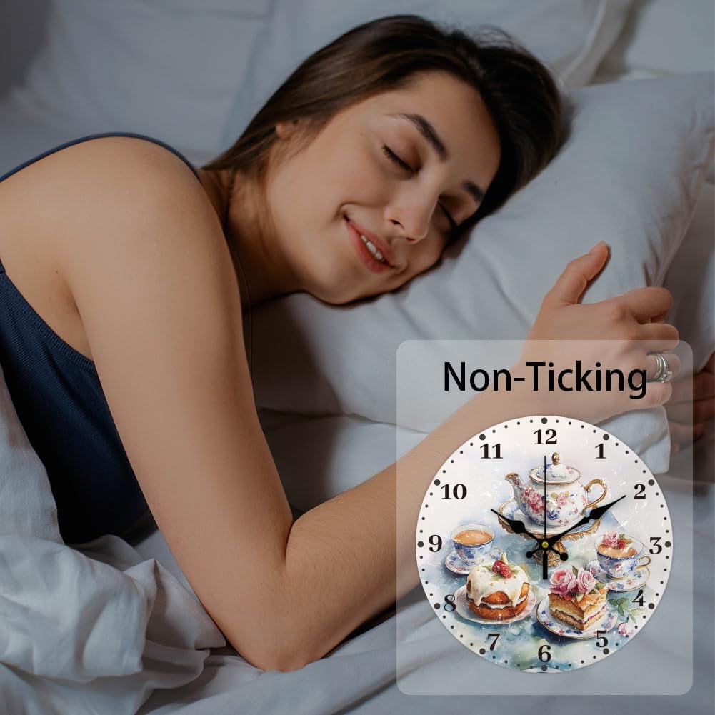 12 Inch Wall Clock Afternoon Tea Wall Clock Battery Powered Non-Tick Cake Decoration Kitchen Clock for Living Room Bedroom Home Decor Office