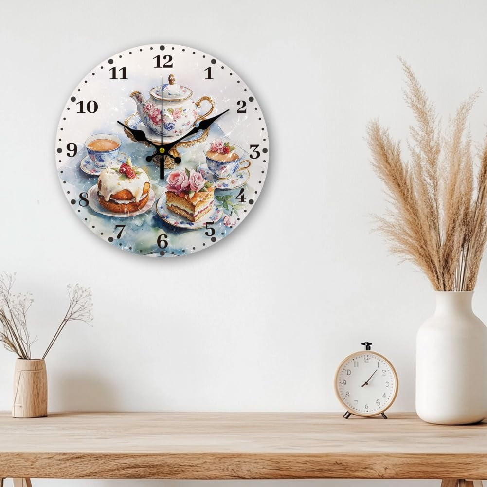 12 Inch Wall Clock Afternoon Tea Wall Clock Battery Powered Non-Tick Cake Decoration Kitchen Clock for Living Room Bedroom Home Decor Office