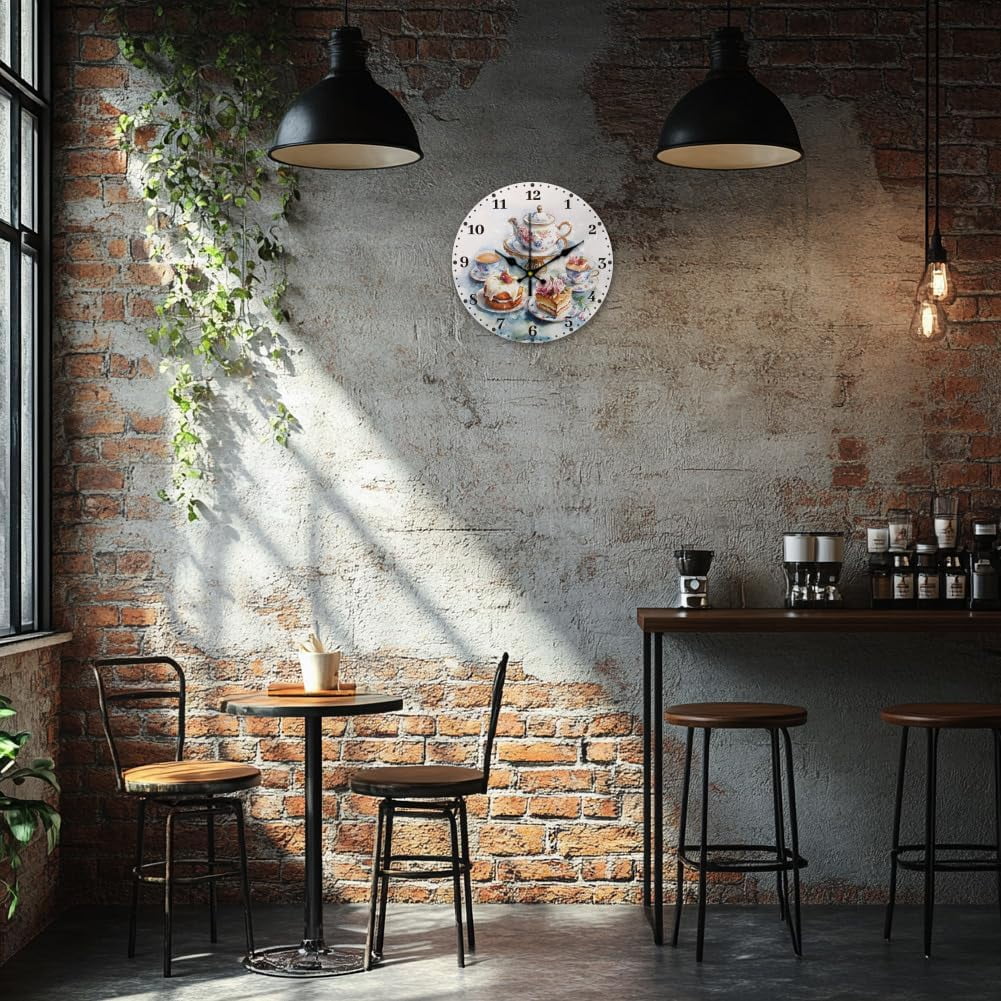 12 Inch Wall Clock Afternoon Tea Wall Clock Battery Powered Non-Tick Cake Decoration Kitchen Clock for Living Room Bedroom Home Decor Office