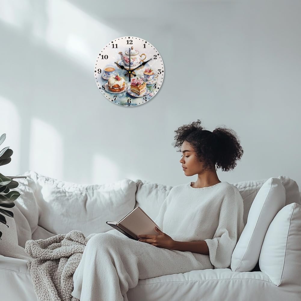12 Inch Wall Clock Afternoon Tea Wall Clock Battery Powered Non-Tick Cake Decoration Kitchen Clock for Living Room Bedroom Home Decor Office