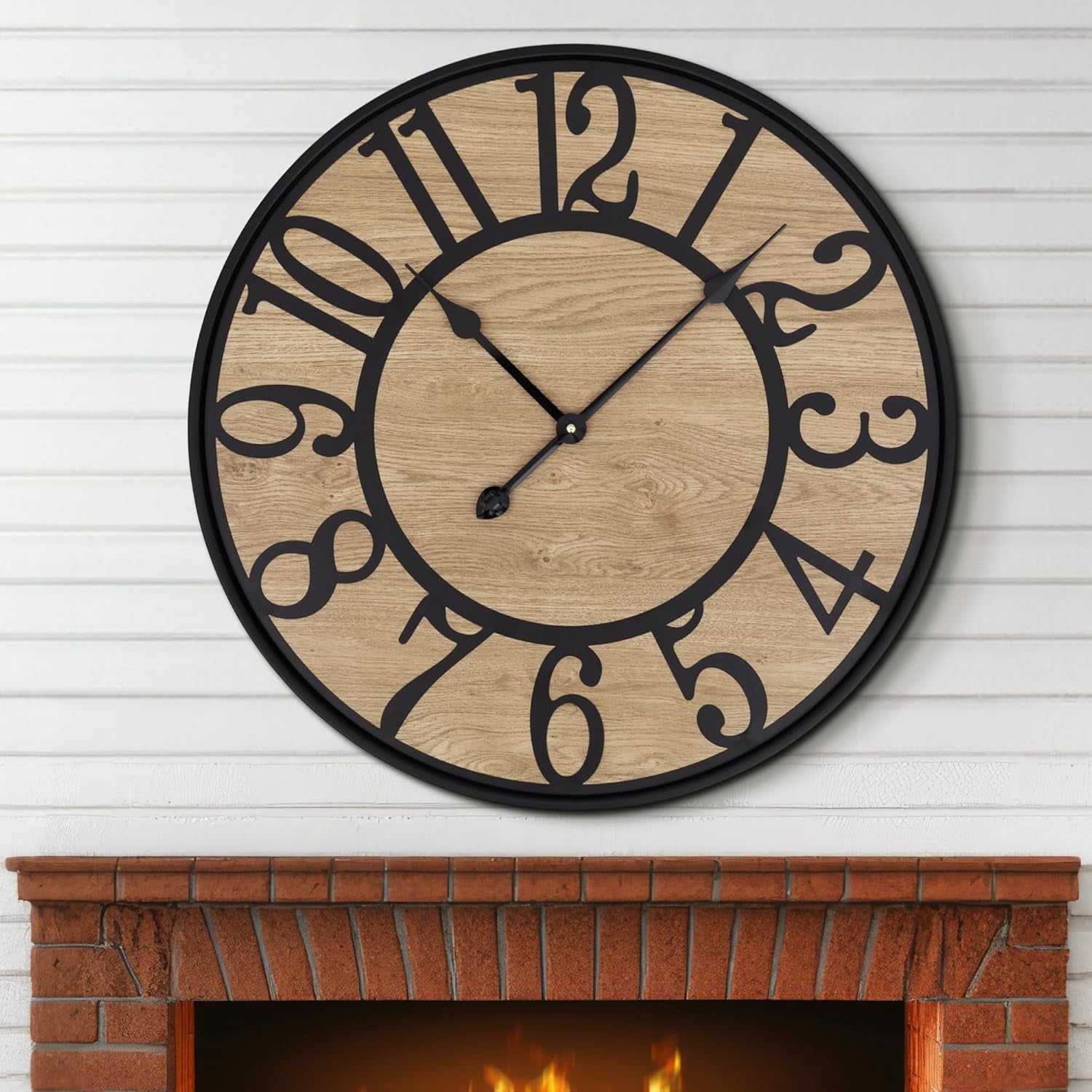 PrimeCook Shop Large Wall Clock for Living Room,Metal &amp; Wood Silent Rustic Farmhouse Wall Clock with Arabic Numeral, Battery Operated Decorative for Bedroom Office Home Decor 20inch Black