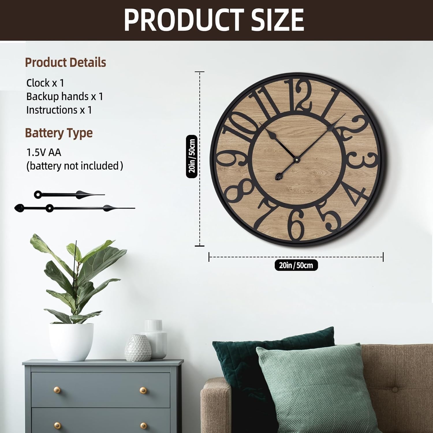 PrimeCook Shop Large Wall Clock for Living Room,Metal &amp; Wood Silent Rustic Farmhouse Wall Clock with Arabic Numeral, Battery Operated Decorative for Bedroom Office Home Decor 20inch Black