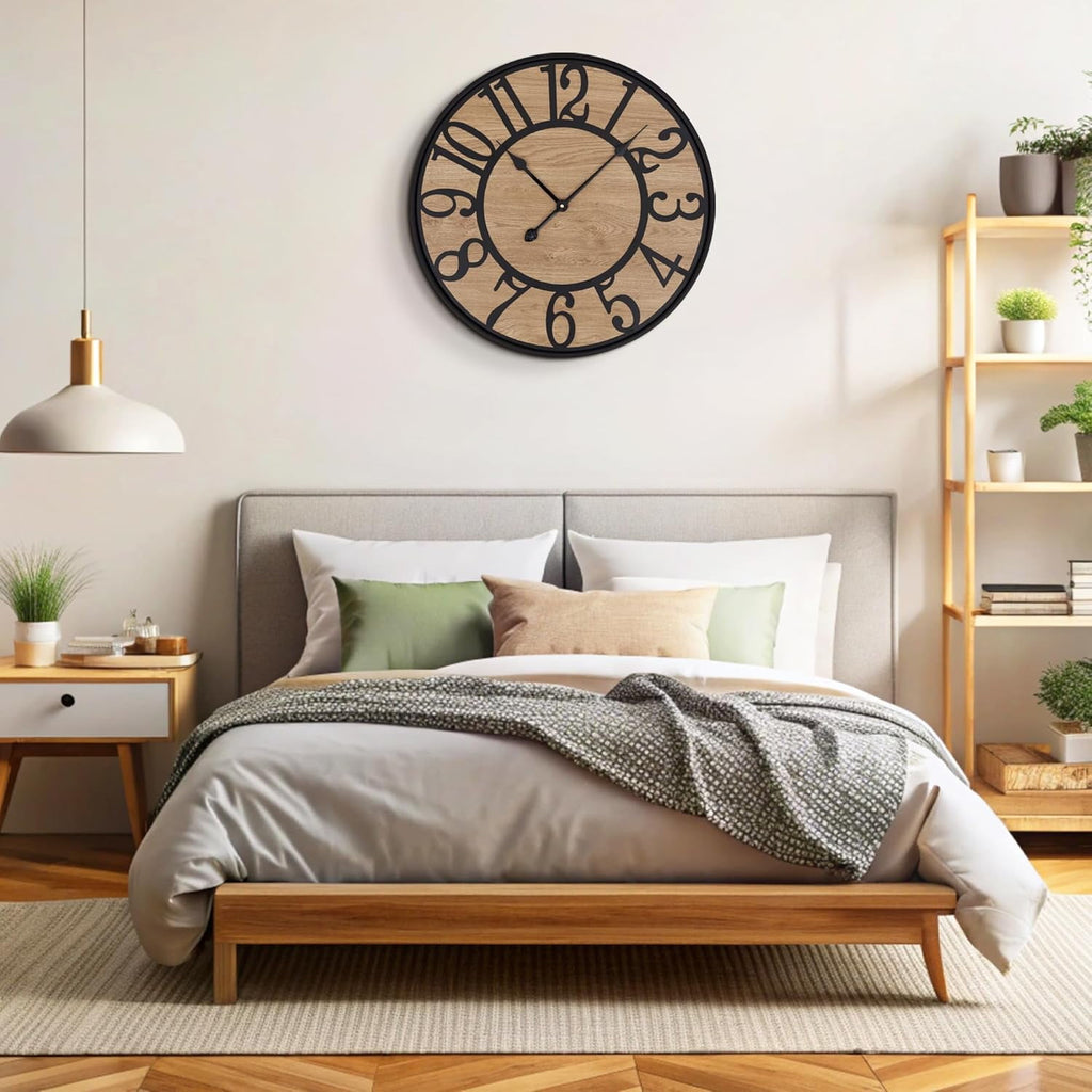 PrimeCook Shop Large Wall Clock for Living Room,Metal &amp; Wood Silent Rustic Farmhouse Wall Clock with Arabic Numeral, Battery Operated Decorative for Bedroom Office Home Decor 20inch Black