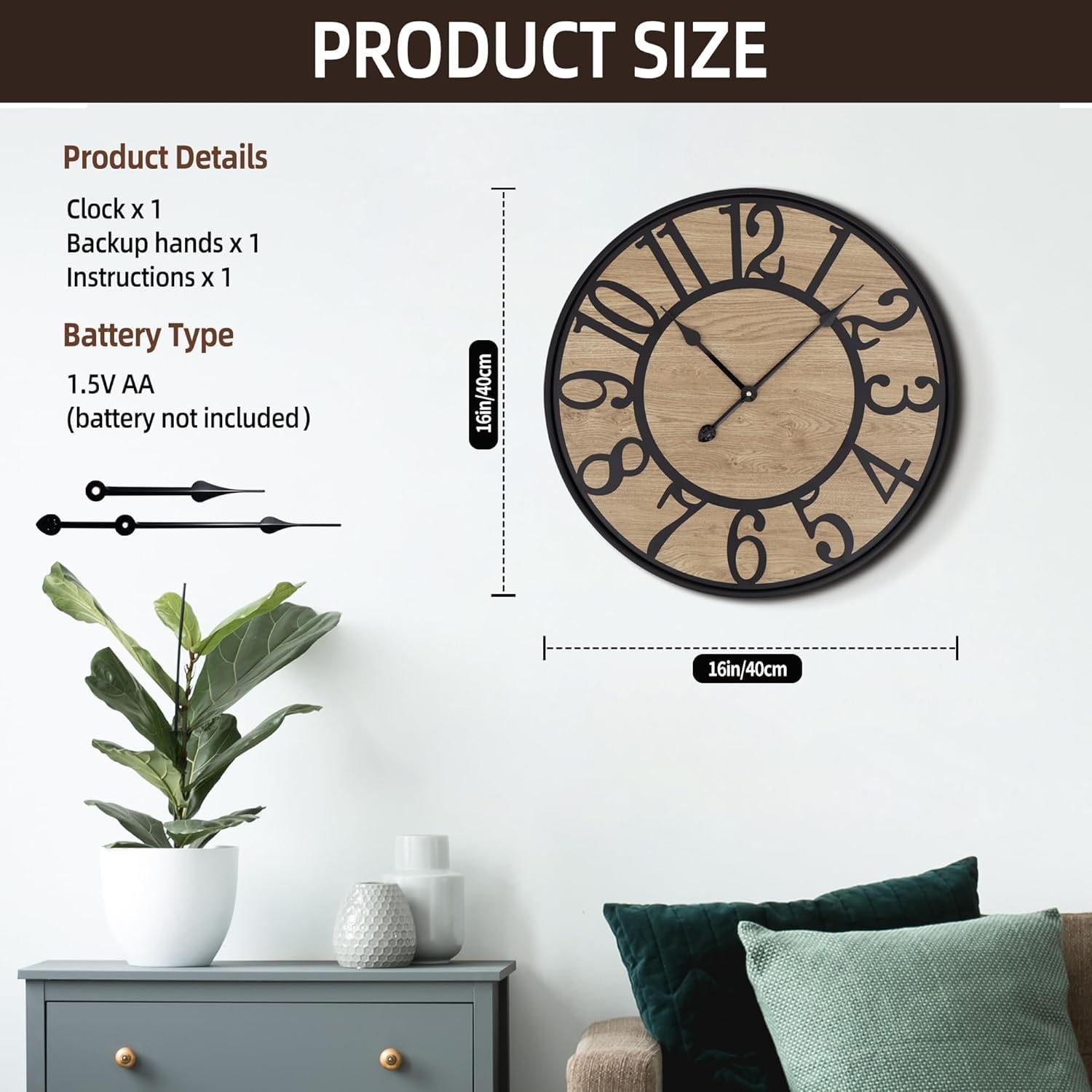 PrimeCook Shop Large Wall Clock for Living Room,Metal &amp; Wood Silent Rustic Farmhouse Wall Clock with Arabic Numeral, Battery Operated Decorative for Bedroom Office Home Decor 20inch Black
