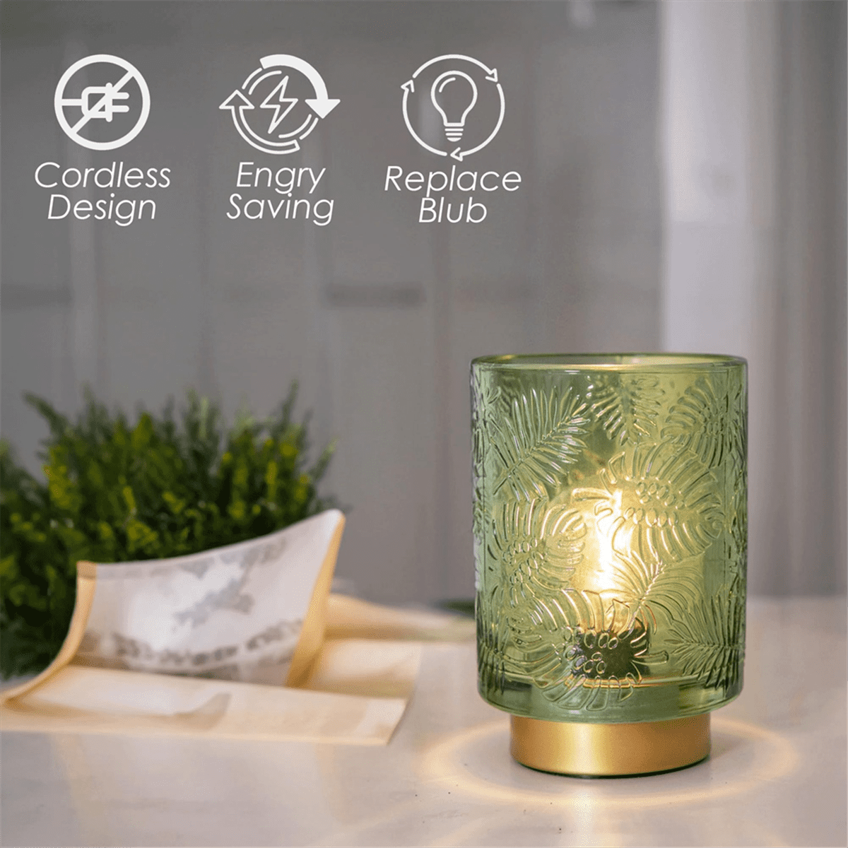 Quaqdae Small Battery Operated Lamp - Portable Cordless Lamp for Home Decor, Glass Table Lamp with Decor Aesthetic Jade Green