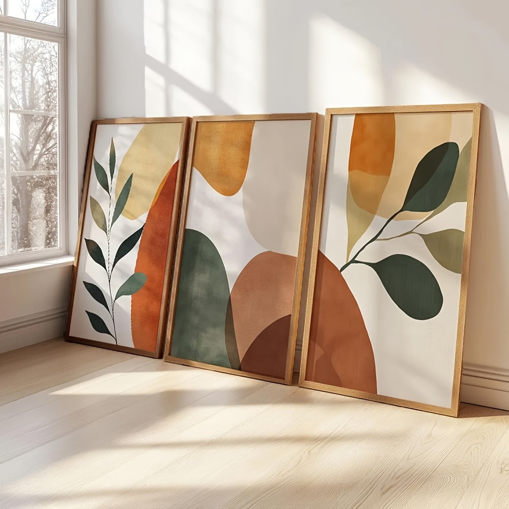 Set of 3 Boho Botanical Geometry Abstract Wall Art - Frameless Canvas Posters with Earth Tones Abstract Shapes, Modern Home Decor for Apartment, Bedroom, Living Room - Minimalist Geometric Design in