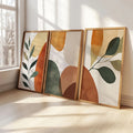 Set of 3 Boho Botanical Geometry Abstract Wall Art - Frameless Canvas Posters with Earth Tones Abstract Shapes, Modern Home Decor for Apartment, Bedroom, Living Room - Minimalist Geometric Design in