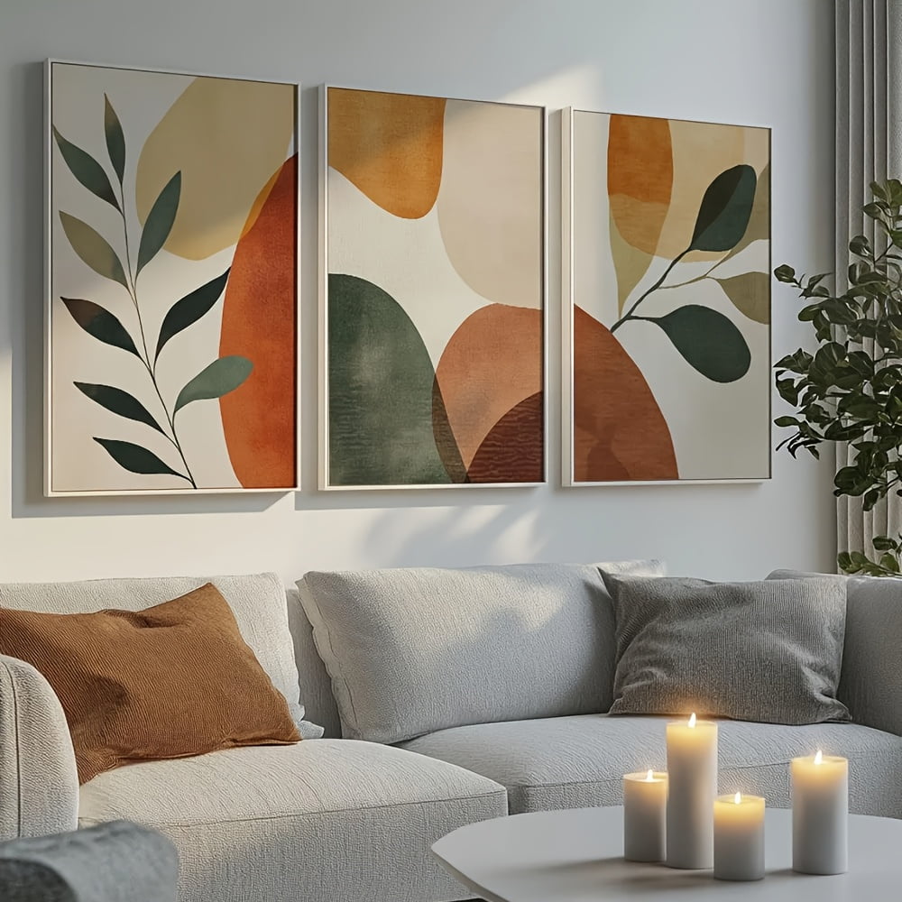 Set of 3 Boho Botanical Geometry Abstract Wall Art - Frameless Canvas Posters with Earth Tones Abstract Shapes, Modern Home Decor for Apartment, Bedroom, Living Room - Minimalist Geometric Design in