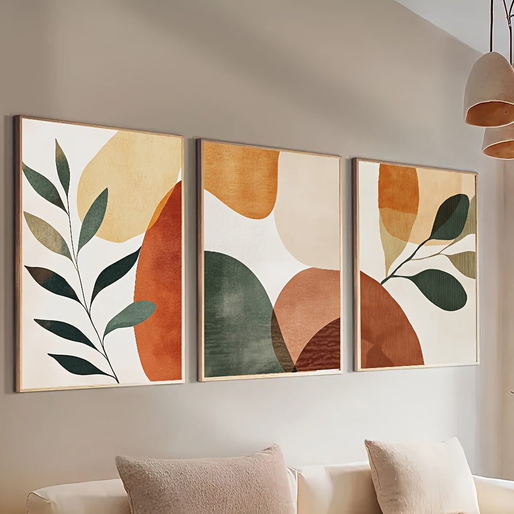 Set of 3 Boho Botanical Geometry Abstract Wall Art - Frameless Canvas Posters with Earth Tones Abstract Shapes, Modern Home Decor for Apartment, Bedroom, Living Room - Minimalist Geometric Design in