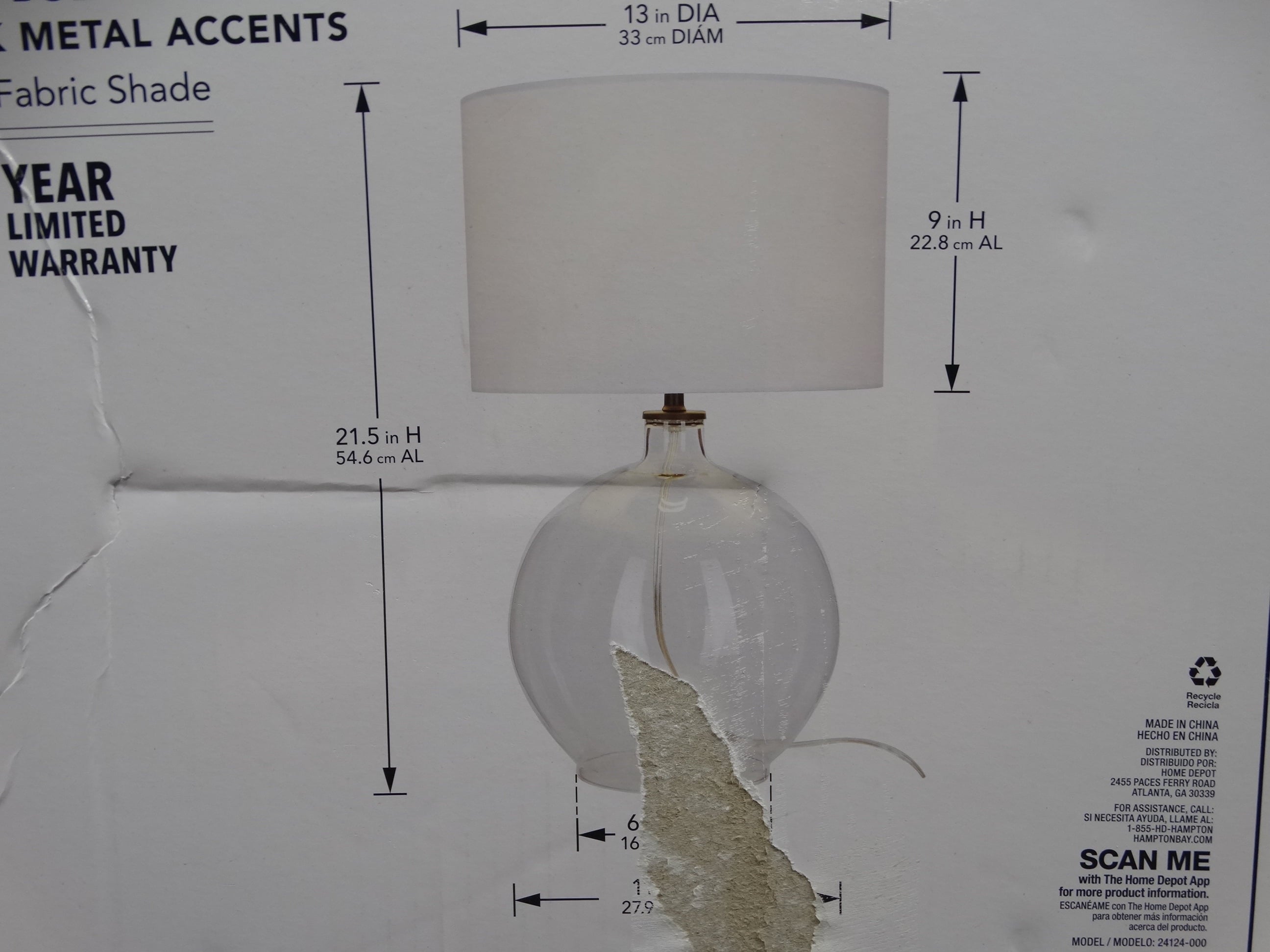 Hampton Bay 21.5” Clear Glass Table Lamp