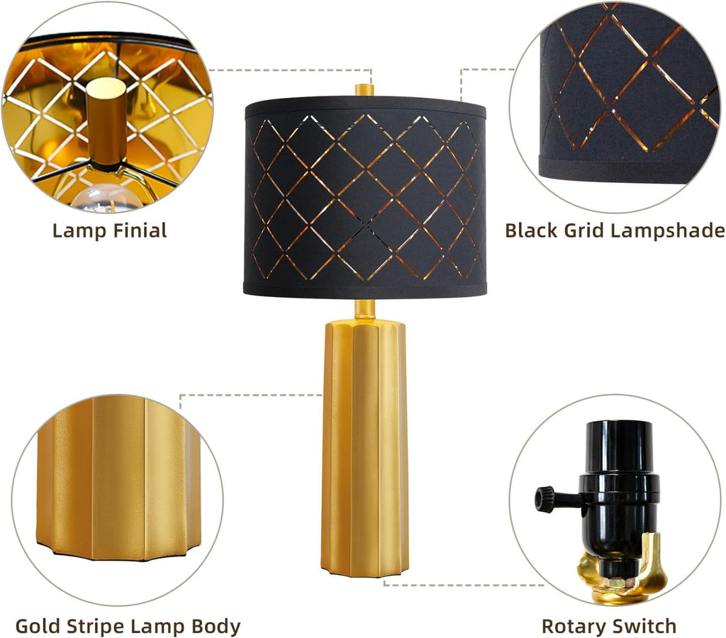 Set of 2 Modern Table Lamps for Living Room Bedroom, Gold Nightstand Resin Lamps with Black Grid Shade, Contemporary Desk Lamps for Bedside End Tables, 2 Bulbs Included (Gold)