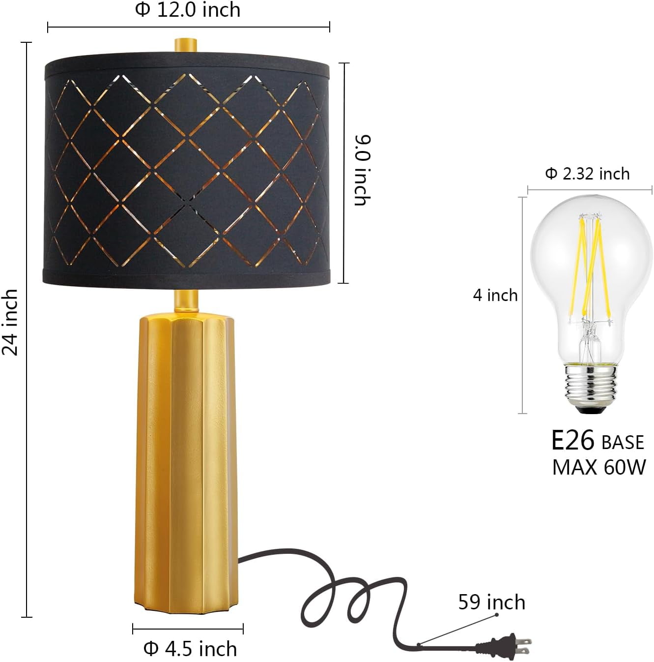 Set of 2 Modern Table Lamps for Living Room Bedroom, Gold Nightstand Resin Lamps with Black Grid Shade, Contemporary Desk Lamps for Bedside End Tables, 2 Bulbs Included (Gold)