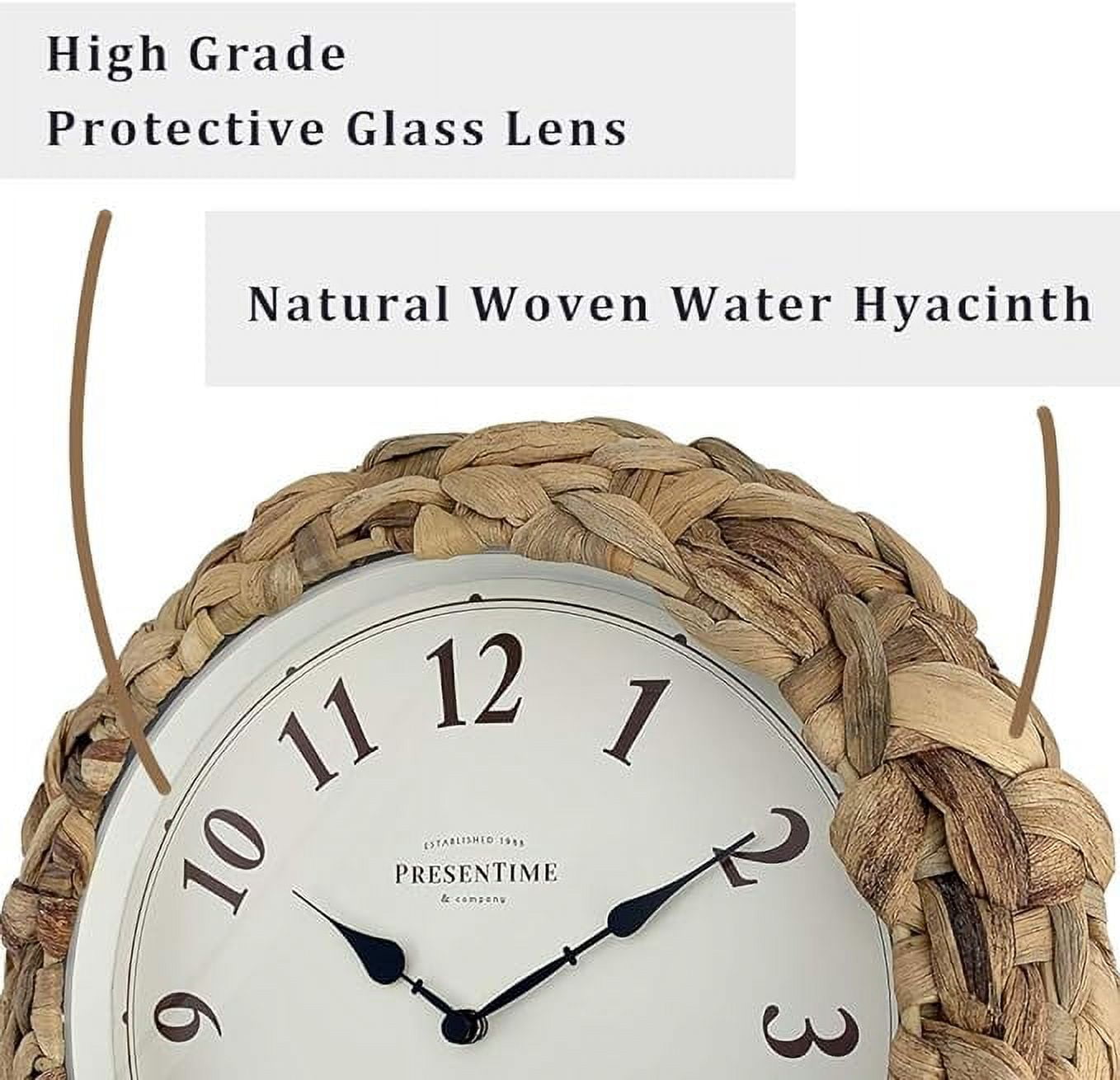 Presentime &amp; Co Farmhouse Series, Rustic Woven Clock, 10.5 inch, Natural Woven Water Hyacinth/Sea Grass. Wall Sculpture, Wall Art and Timepiece for Home Decoration/Wall Decoration/Farmhouse Décor.
