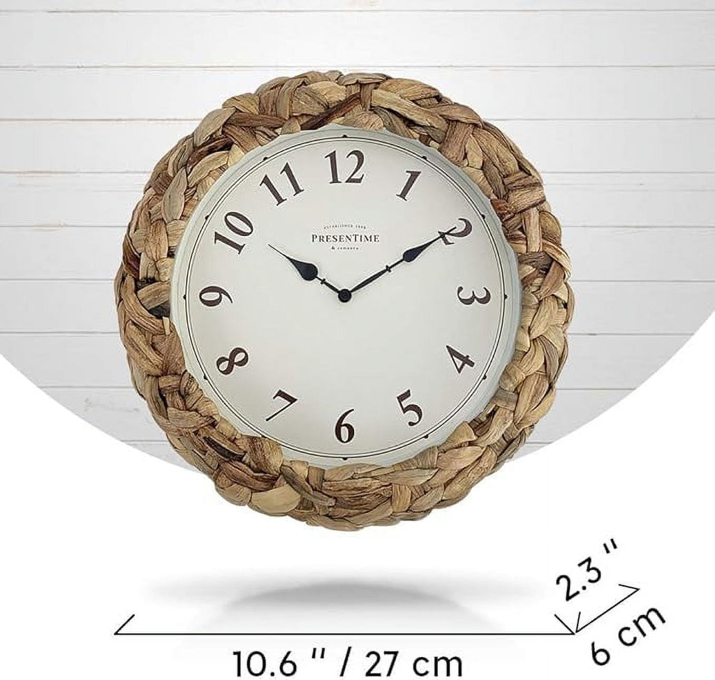 Presentime &amp; Co Farmhouse Series, Rustic Woven Clock, 10.5 inch, Natural Woven Water Hyacinth/Sea Grass. Wall Sculpture, Wall Art and Timepiece for Home Decoration/Wall Decoration/Farmhouse Décor.