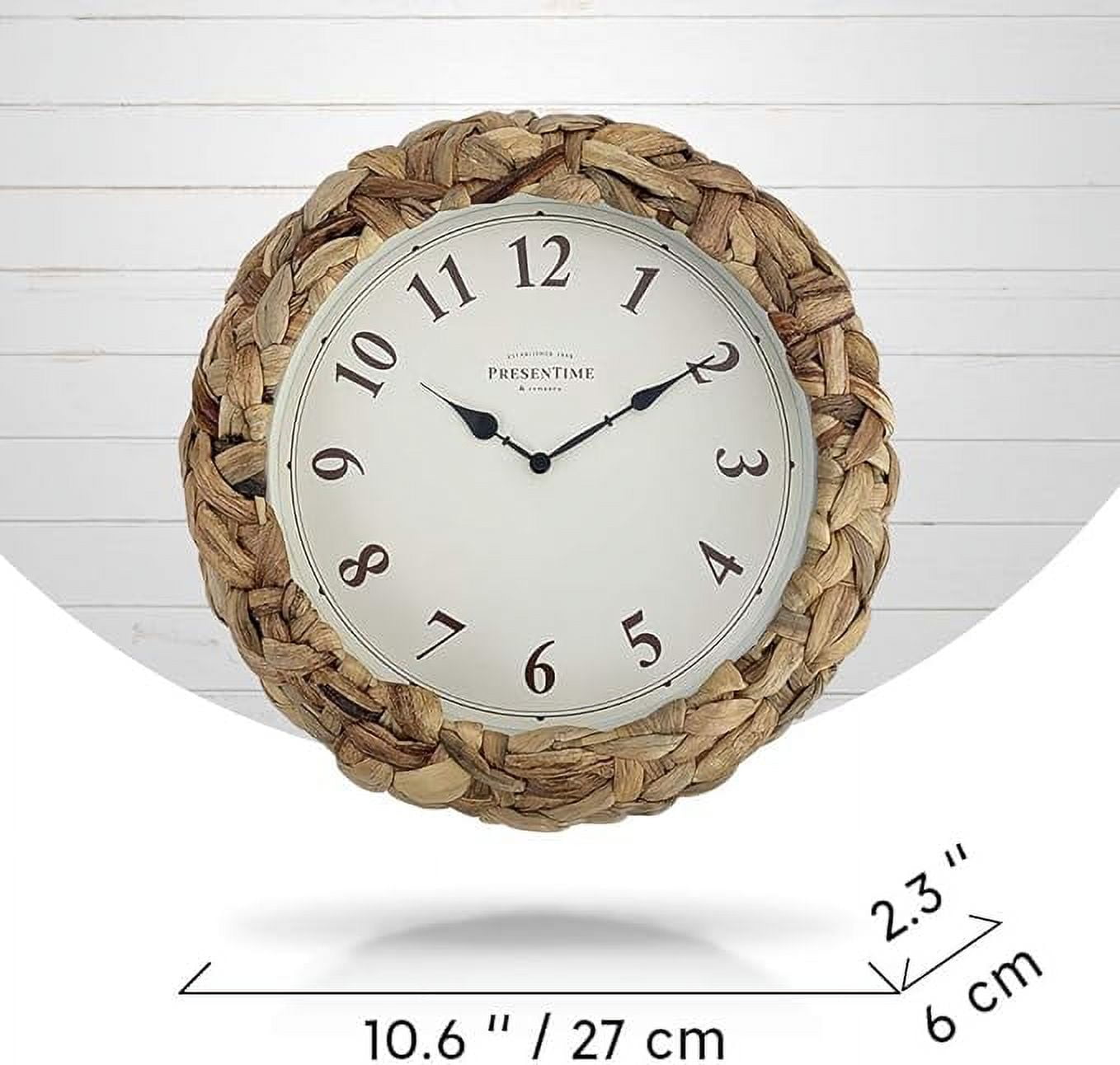 Presentime &amp; Co Farmhouse Series, Rustic Woven Clock, 10.5 inch, Natural Woven Water Hyacinth/Sea Grass. Wall Sculpture, Wall Art and Timepiece for Home Decoration/Wall Decoration/Farmhouse Décor.