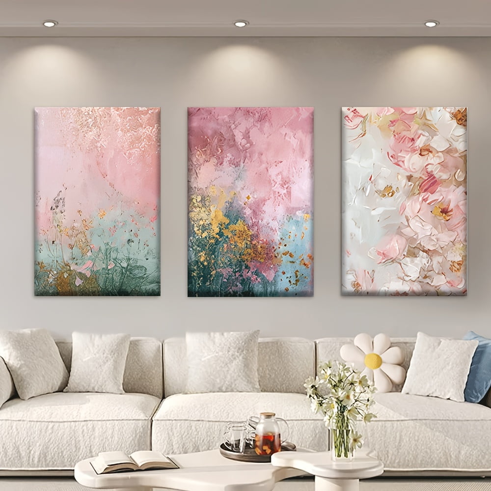 3pcs Frameless Canvas Painting - Soft Pink, Green, White, Golden Floral Abstract Wall Art in Pastel Tones, Modern French Country Bohemian Decor for Living Room, Bedroom, Office - Perfect Housewarmin