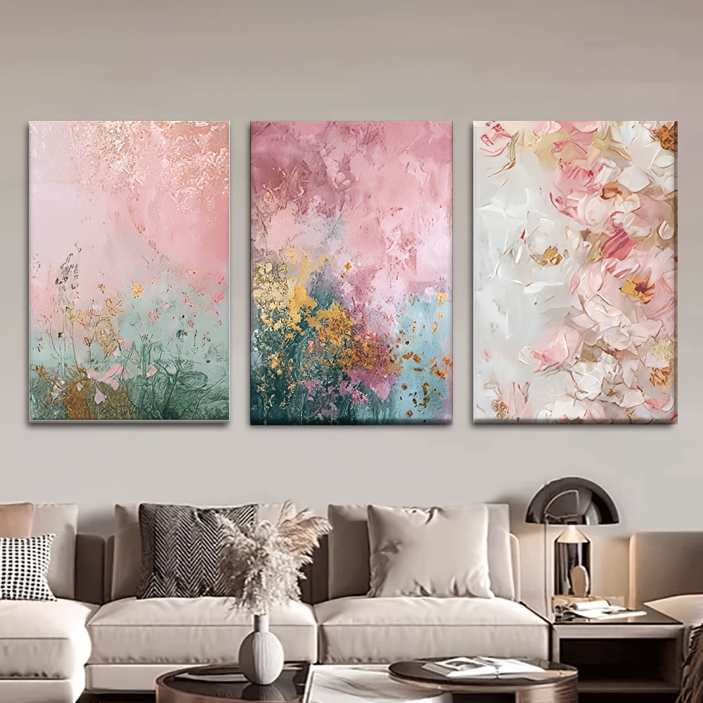 3pcs Frameless Canvas Painting - Soft Pink, Green, White, Golden Floral Abstract Wall Art in Pastel Tones, Modern French Country Bohemian Decor for Living Room, Bedroom, Office - Perfect Housewarmin