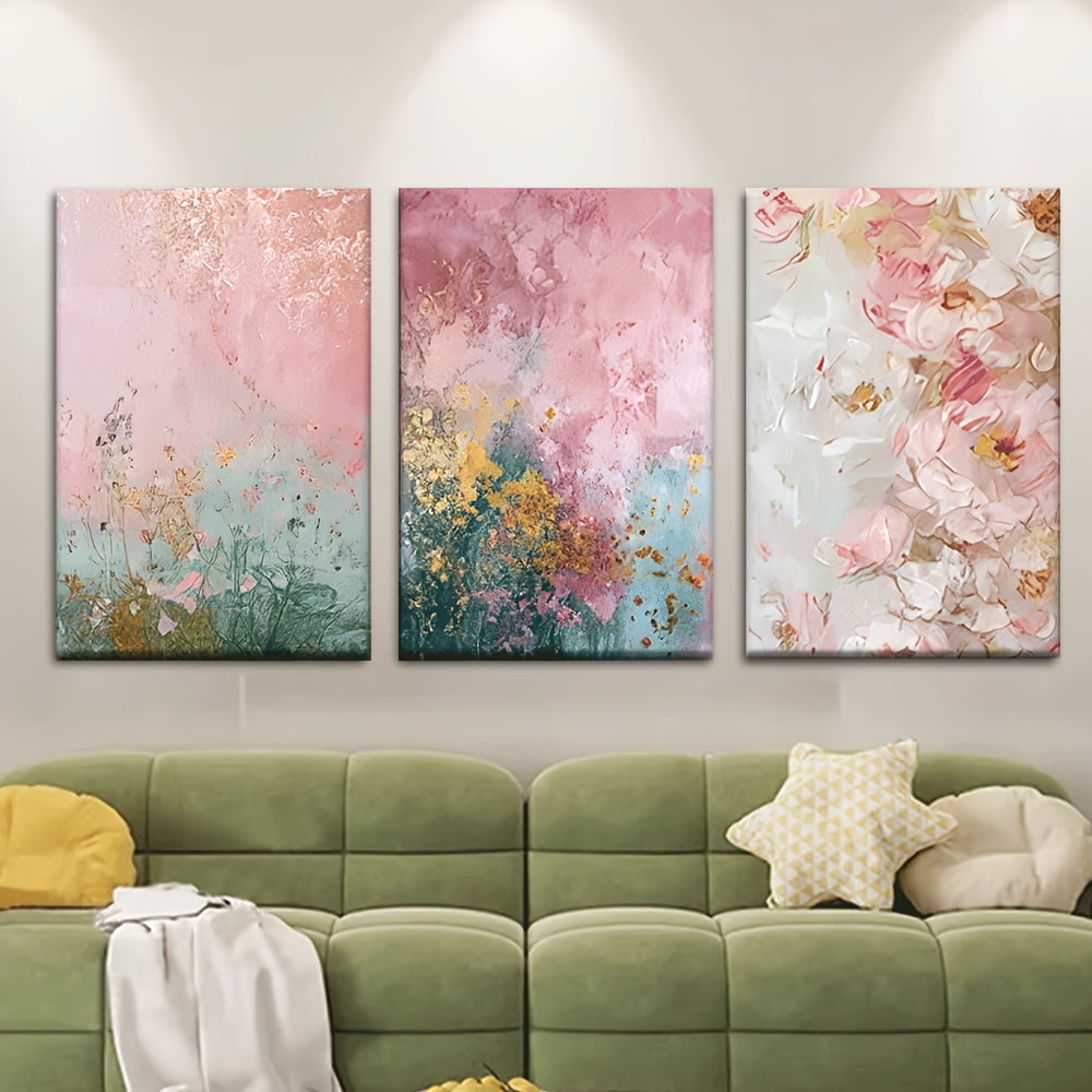 3pcs Frameless Canvas Painting - Soft Pink, Green, White, Golden Floral Abstract Wall Art in Pastel Tones, Modern French Country Bohemian Decor for Living Room, Bedroom, Office - Perfect Housewarmin