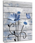 Farmhouse Floral Wall Art for Living Room, Blue and White Daisy Flower and Butterfly on Rustic Wood Board Canvas Wall Art Framed Artwork Ready to Hang for Bathroom Bedroom Decor
