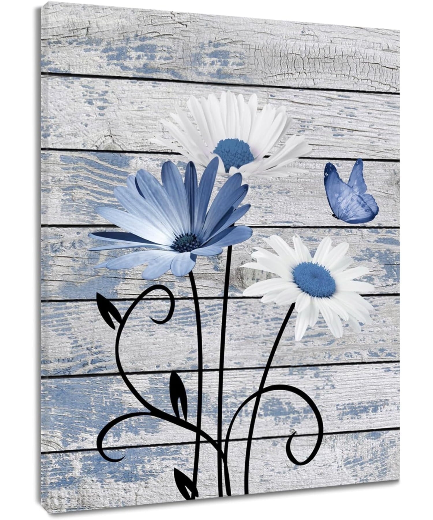 Farmhouse Floral Wall Art for Living Room, Blue and White Daisy Flower and Butterfly on Rustic Wood Board Canvas Wall Art Framed Artwork Ready to Hang for Bathroom Bedroom Decor