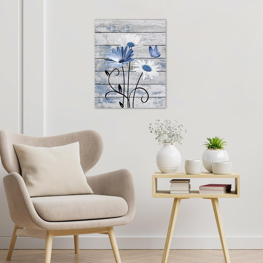Farmhouse Floral Wall Art for Living Room, Blue and White Daisy Flower and Butterfly on Rustic Wood Board Canvas Wall Art Framed Artwork Ready to Hang for Bathroom Bedroom Decor