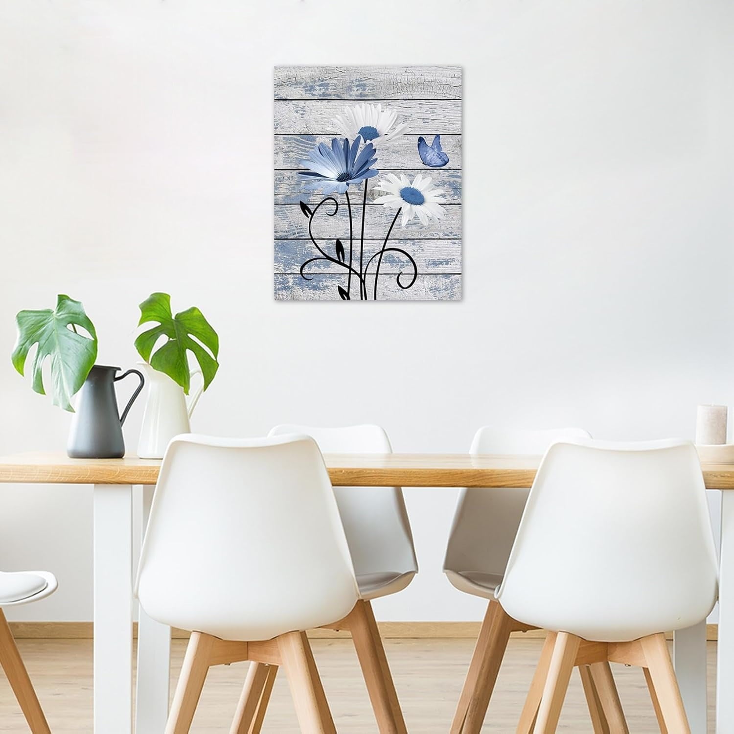 Farmhouse Floral Wall Art for Living Room, Blue and White Daisy Flower and Butterfly on Rustic Wood Board Canvas Wall Art Framed Artwork Ready to Hang for Bathroom Bedroom Decor