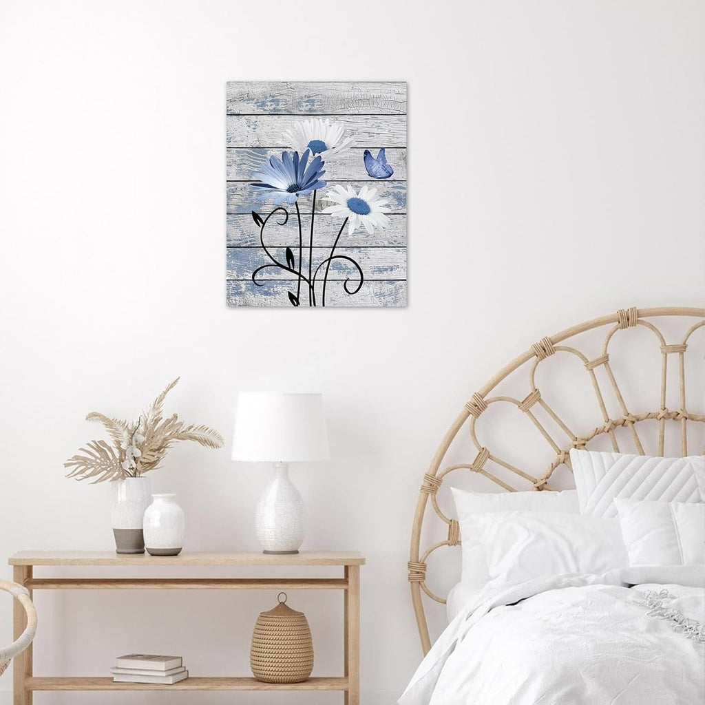 Farmhouse Floral Wall Art for Living Room, Blue and White Daisy Flower and Butterfly on Rustic Wood Board Canvas Wall Art Framed Artwork Ready to Hang for Bathroom Bedroom Decor