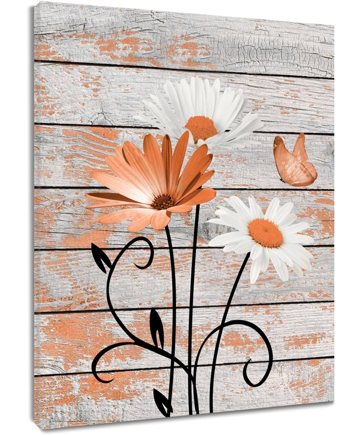 Farmhouse Floral Wall Art for Living Room, Blue and White Daisy Flower and Butterfly on Rustic Wood Board Canvas Wall Art Framed Artwork Ready to Hang for Bathroom Bedroom Decor