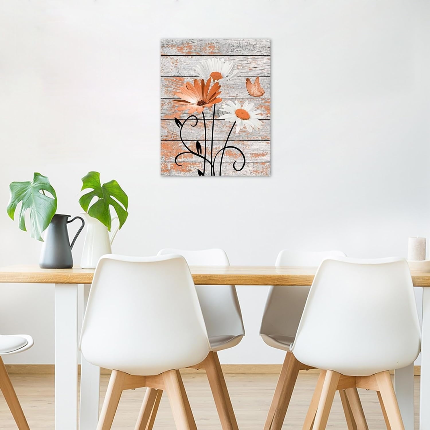 Farmhouse Floral Wall Art for Living Room, Blue and White Daisy Flower and Butterfly on Rustic Wood Board Canvas Wall Art Framed Artwork Ready to Hang for Bathroom Bedroom Decor