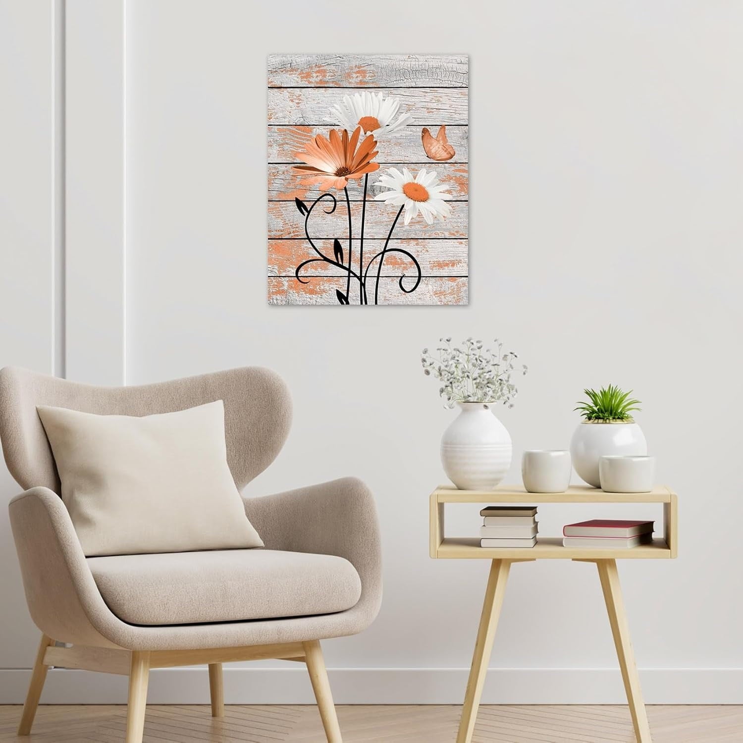 Farmhouse Floral Wall Art for Living Room, Blue and White Daisy Flower and Butterfly on Rustic Wood Board Canvas Wall Art Framed Artwork Ready to Hang for Bathroom Bedroom Decor