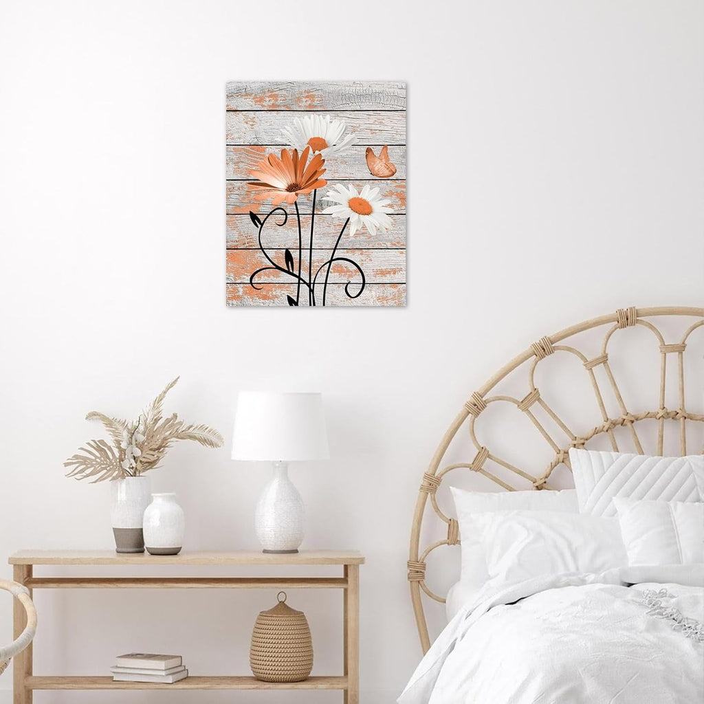 Farmhouse Floral Wall Art for Living Room, Blue and White Daisy Flower and Butterfly on Rustic Wood Board Canvas Wall Art Framed Artwork Ready to Hang for Bathroom Bedroom Decor