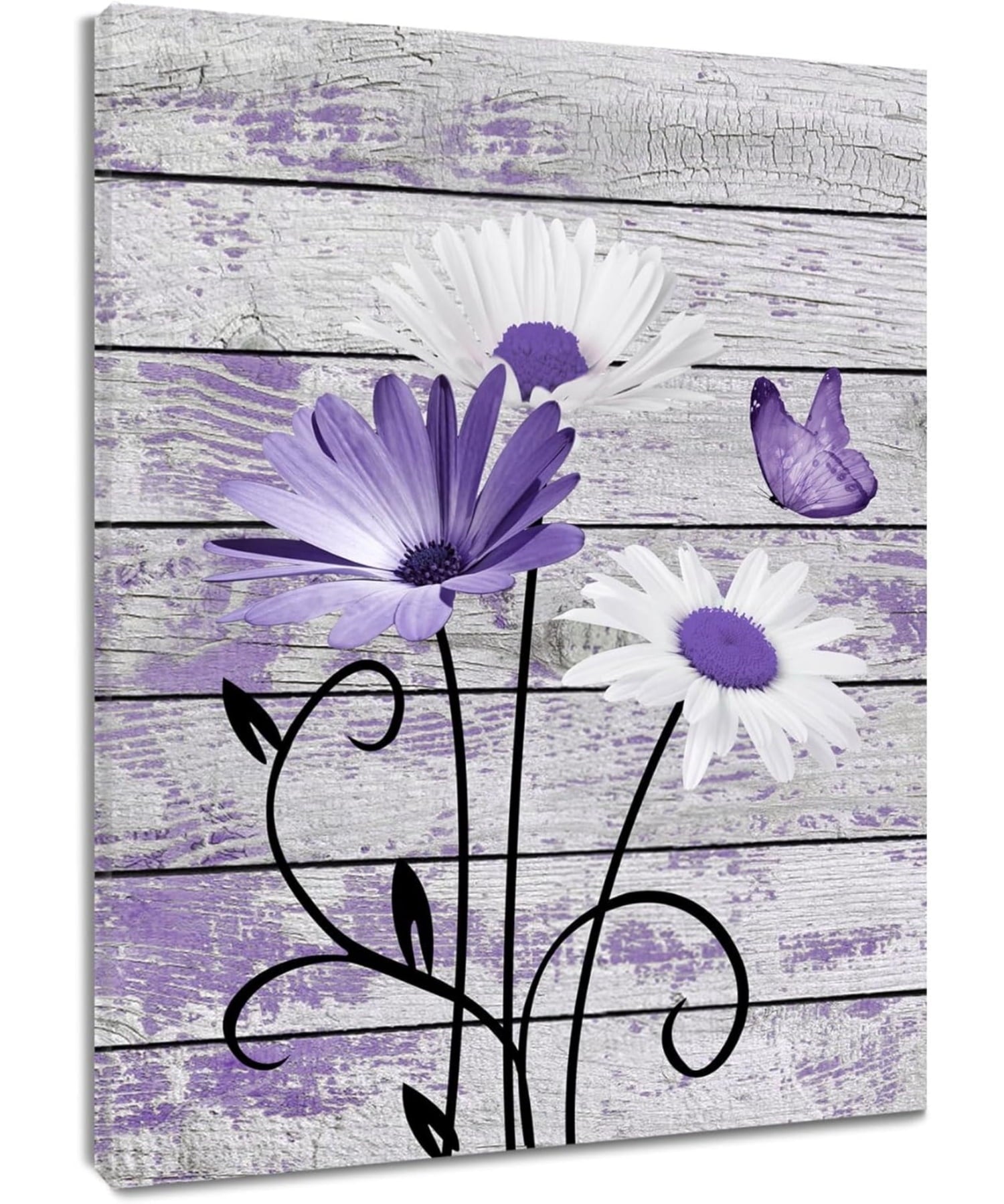 Farmhouse Floral Wall Art for Living Room, Blue and White Daisy Flower and Butterfly on Rustic Wood Board Canvas Wall Art Framed Artwork Ready to Hang for Bathroom Bedroom Decor