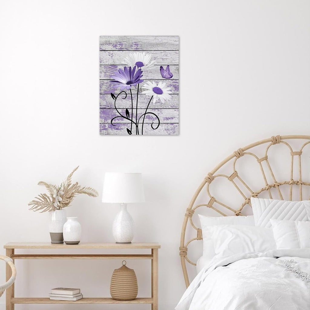 Farmhouse Floral Wall Art for Living Room, Blue and White Daisy Flower and Butterfly on Rustic Wood Board Canvas Wall Art Framed Artwork Ready to Hang for Bathroom Bedroom Decor