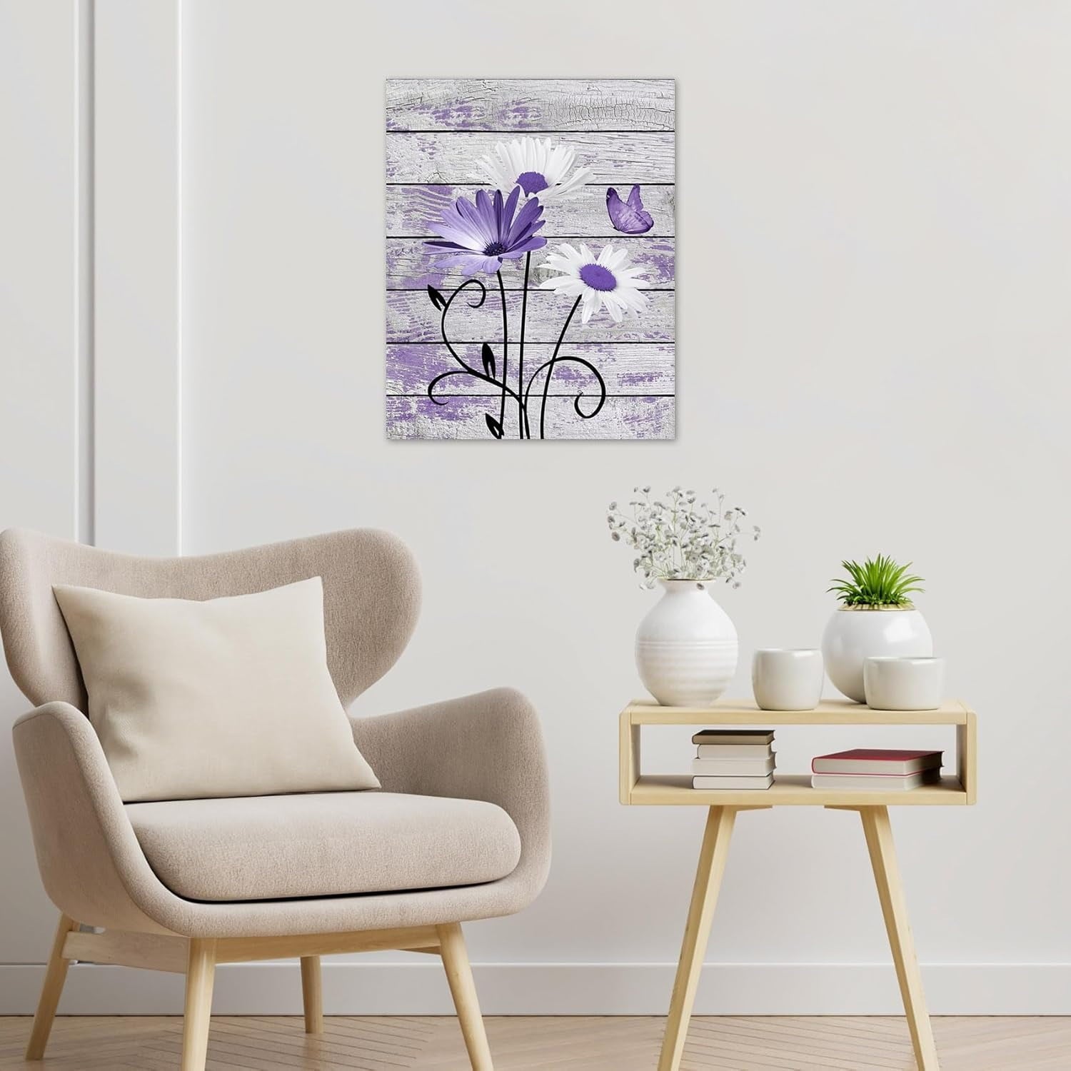 Farmhouse Floral Wall Art for Living Room, Blue and White Daisy Flower and Butterfly on Rustic Wood Board Canvas Wall Art Framed Artwork Ready to Hang for Bathroom Bedroom Decor