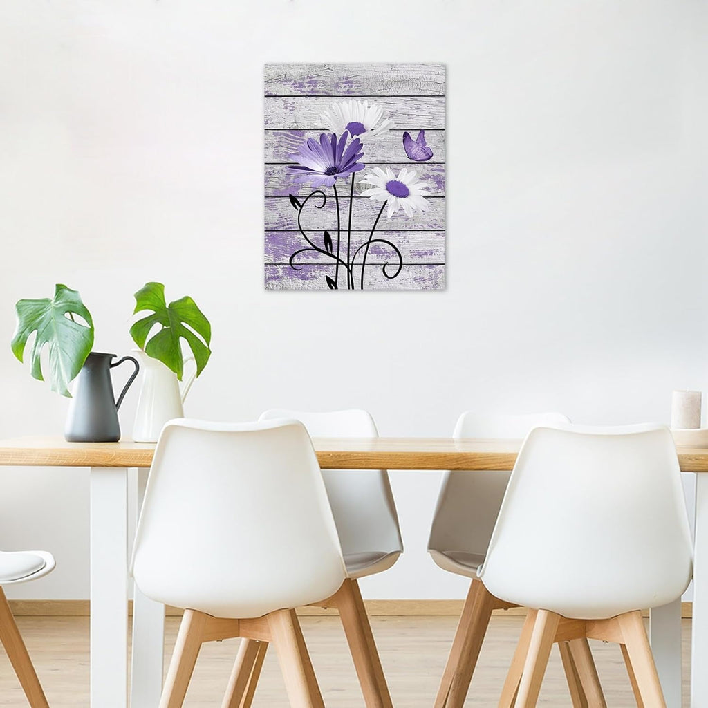 Farmhouse Floral Wall Art for Living Room, Blue and White Daisy Flower and Butterfly on Rustic Wood Board Canvas Wall Art Framed Artwork Ready to Hang for Bathroom Bedroom Decor
