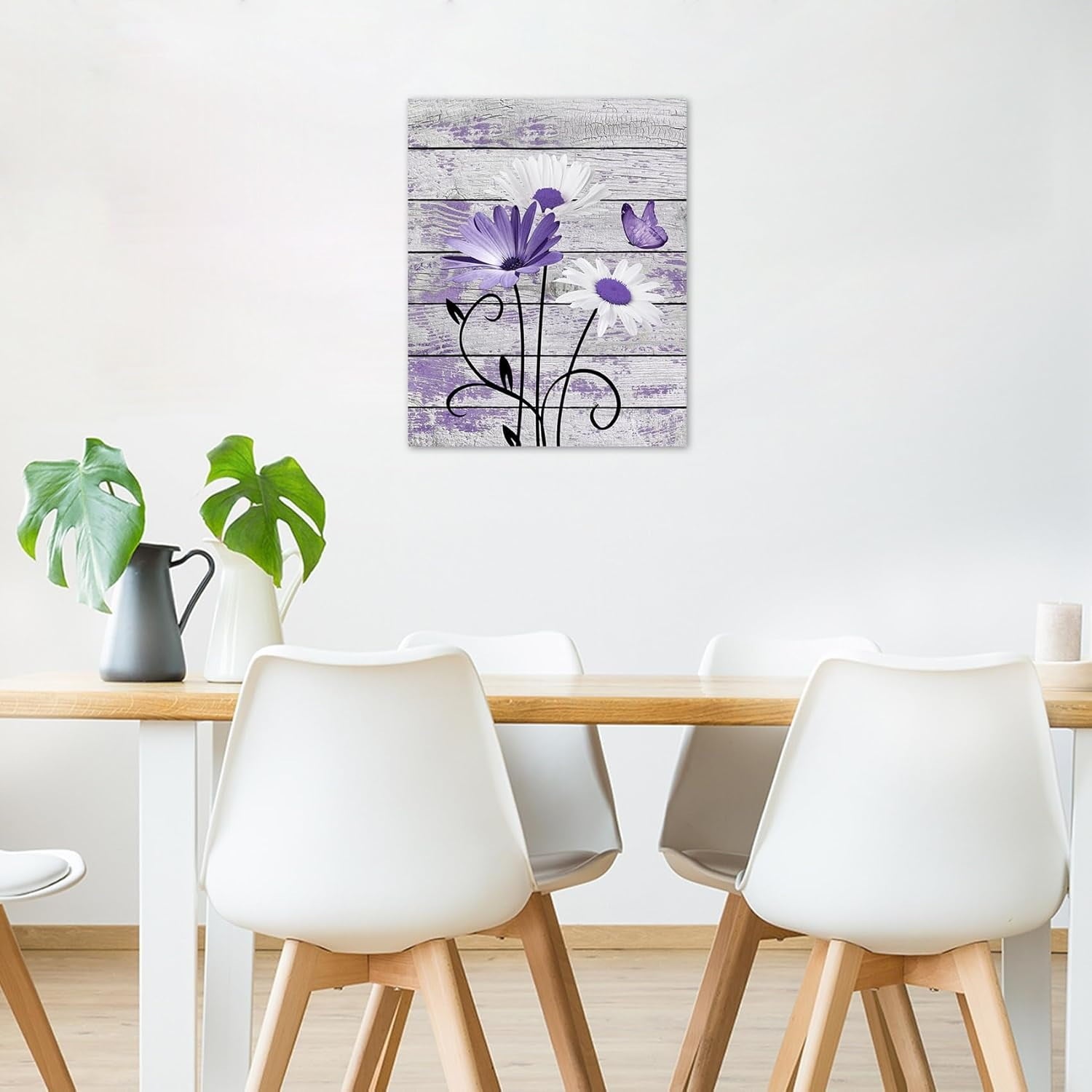 Farmhouse Floral Wall Art for Living Room, Blue and White Daisy Flower and Butterfly on Rustic Wood Board Canvas Wall Art Framed Artwork Ready to Hang for Bathroom Bedroom Decor