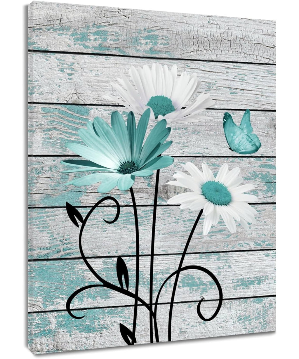 Farmhouse Floral Wall Art for Living Room, Blue and White Daisy Flower and Butterfly on Rustic Wood Board Canvas Wall Art Framed Artwork Ready to Hang for Bathroom Bedroom Decor