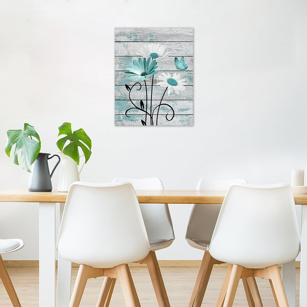 Farmhouse Floral Wall Art for Living Room, Blue and White Daisy Flower and Butterfly on Rustic Wood Board Canvas Wall Art Framed Artwork Ready to Hang for Bathroom Bedroom Decor