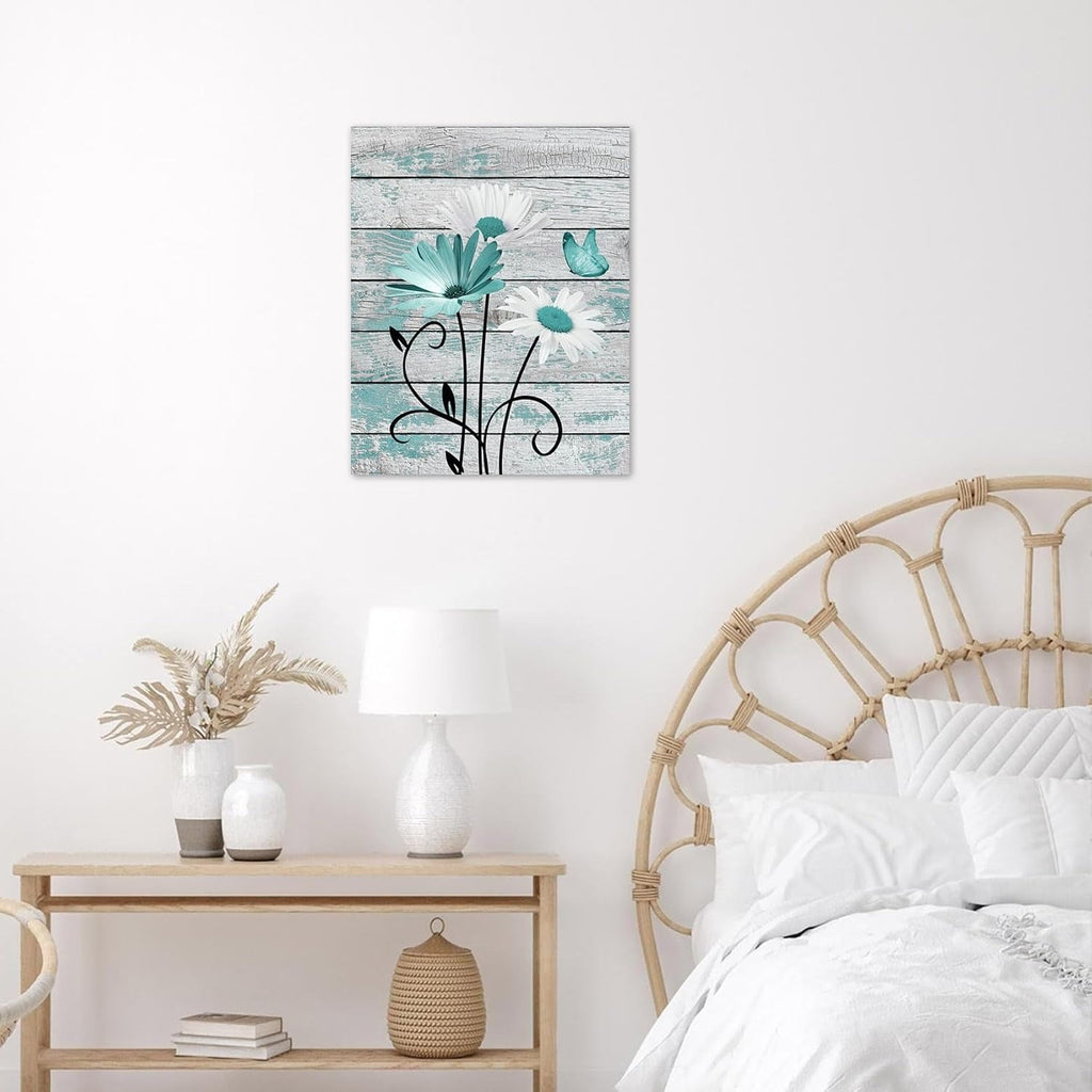 Farmhouse Floral Wall Art for Living Room, Blue and White Daisy Flower and Butterfly on Rustic Wood Board Canvas Wall Art Framed Artwork Ready to Hang for Bathroom Bedroom Decor