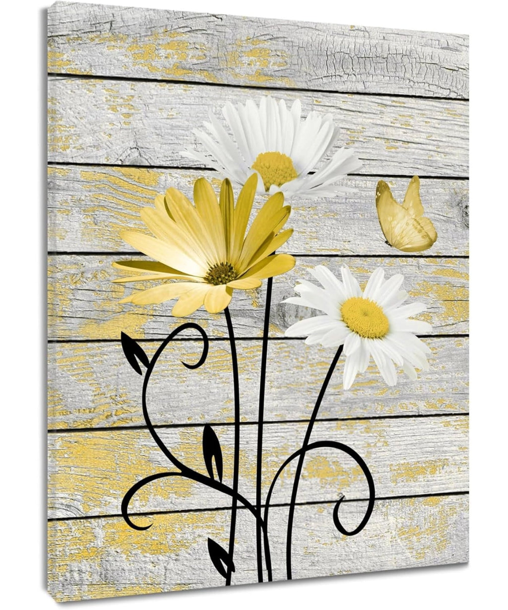 Farmhouse Floral Wall Art for Living Room, Blue and White Daisy Flower and Butterfly on Rustic Wood Board Canvas Wall Art Framed Artwork Ready to Hang for Bathroom Bedroom Decor