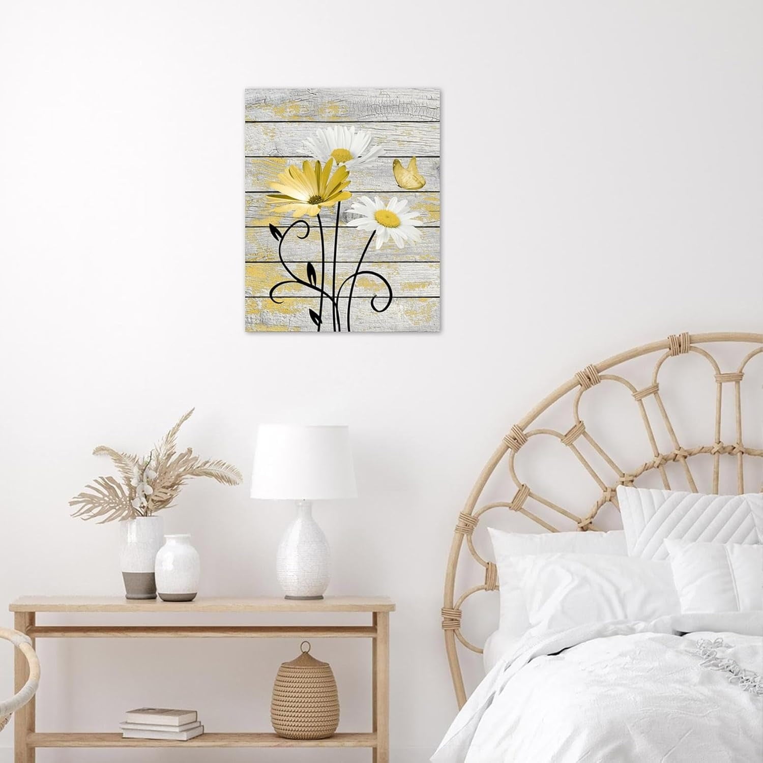 Farmhouse Floral Wall Art for Living Room, Blue and White Daisy Flower and Butterfly on Rustic Wood Board Canvas Wall Art Framed Artwork Ready to Hang for Bathroom Bedroom Decor