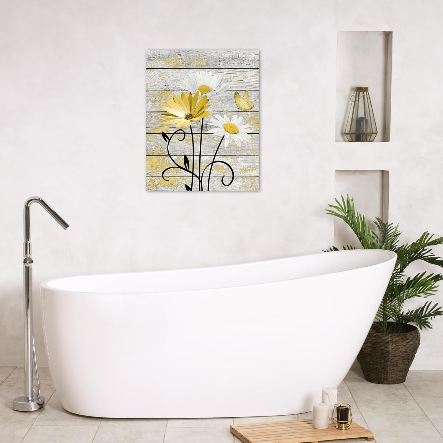 Farmhouse Floral Wall Art for Living Room, Blue and White Daisy Flower and Butterfly on Rustic Wood Board Canvas Wall Art Framed Artwork Ready to Hang for Bathroom Bedroom Decor