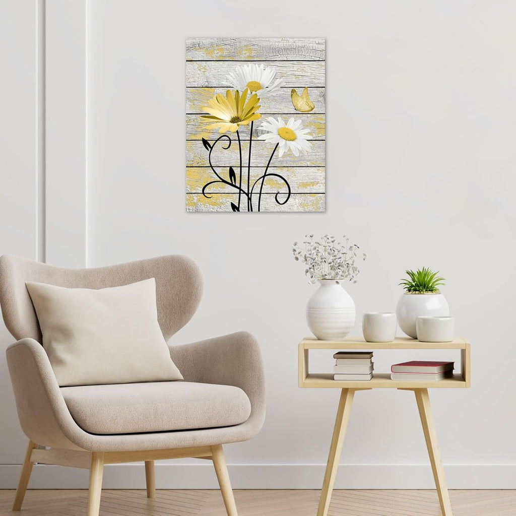 Farmhouse Floral Wall Art for Living Room, Blue and White Daisy Flower and Butterfly on Rustic Wood Board Canvas Wall Art Framed Artwork Ready to Hang for Bathroom Bedroom Decor